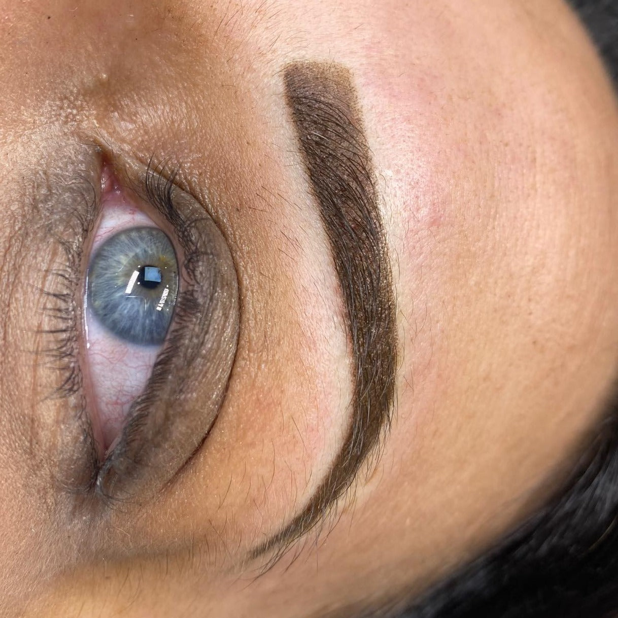 Healed PMU brow using Aqua Rich Brown with Olive Mod by Aliki Chrysiliou, showing crisp shape and soft blending.