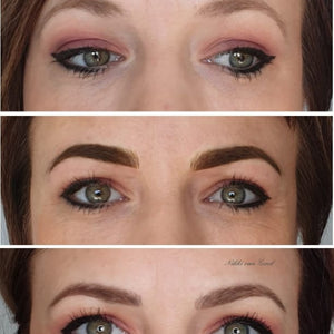 Full brow transformation showing before, after, and healed results using Aqua Rich Brown pigment by Nikki van Gend.

