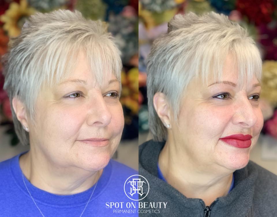 Healed result of lip tattoo using Rustic Red pigment by Kara Gutierrez.