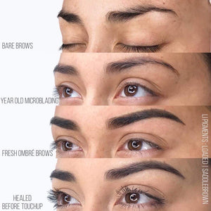 Series showing brow transformation with Saddle Brown by Loaded Pigments, from bare brows to year-old microblading and fresh ombré brow results.
