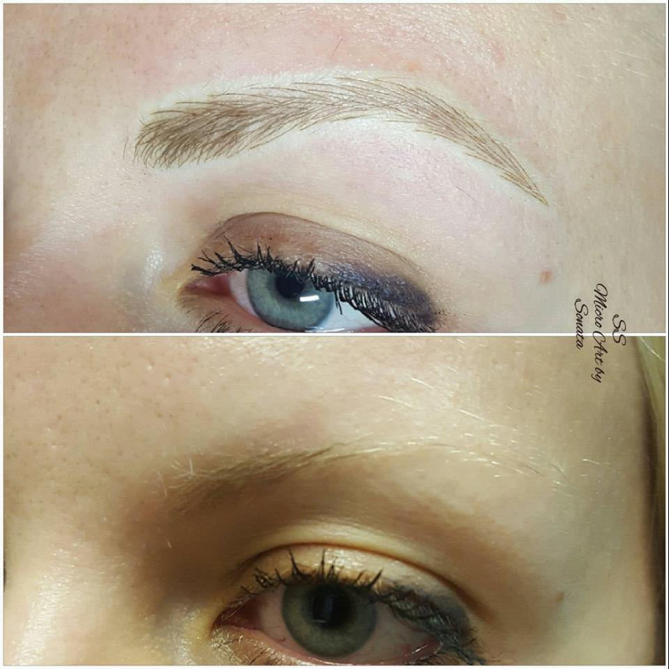 Before and after healed eyebrow results using Li Pigments Aqua Sandalwood and Golden V pigments. Natural, soft brow enhancement by PMU artist Sonata Simo.