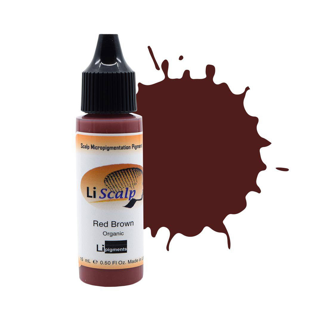Li Pigments Li Scalp Red Brown scalp micropigmentation pigment bottle with color swatch, designed for SMP hair density treatments and natural red-brown hair tone correction.