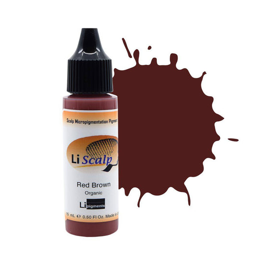 Li Pigments Li Scalp Red Brown scalp micropigmentation pigment bottle with color swatch, designed for SMP hair density treatments and natural red-brown hair tone correction.