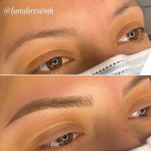 Healed before-and-after results of microbladed brows using Smoke from Loaded Pigments by lunabrowink, showing crisp hairstrokes and natural saturation.
