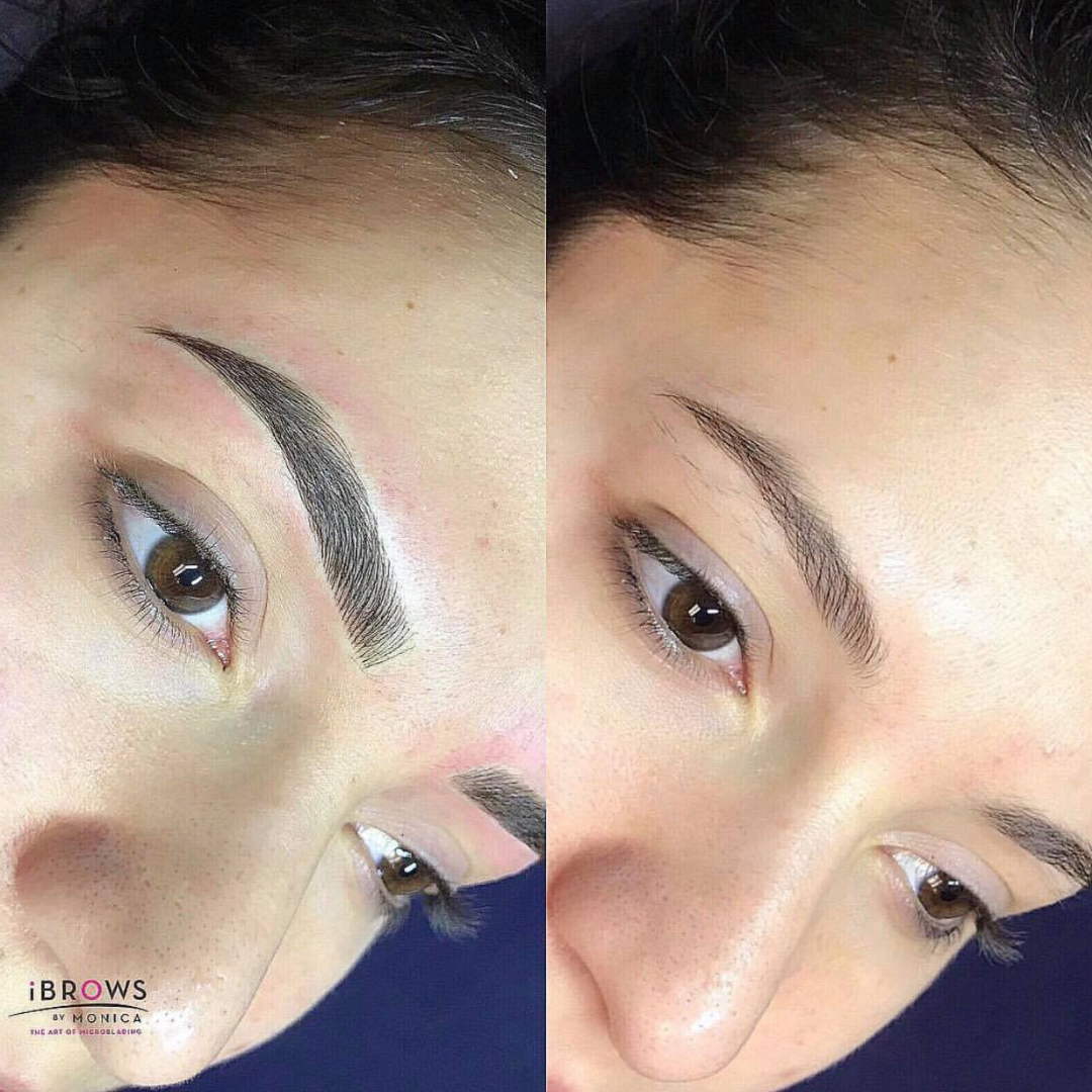 Before and after comparison of eyebrow enhancement created with Espresso from the Li Pigments Aqua collection by Monica D. Angelo of iBrows Studio. The pigment delivers a deep, neutral-to-cool dark brown shade ideal for medium to dark-haired clients seeking natural definition.