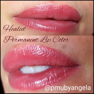 Healed lip color using a blend of Sugared Rose and Watermelon Lip Candy by Angela Torresiani.