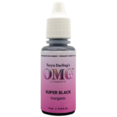 Black OMG Eyeliner Pigment – 15mL bottle of deep, warm-toned inorganic black pigment for permanent eyeliner.