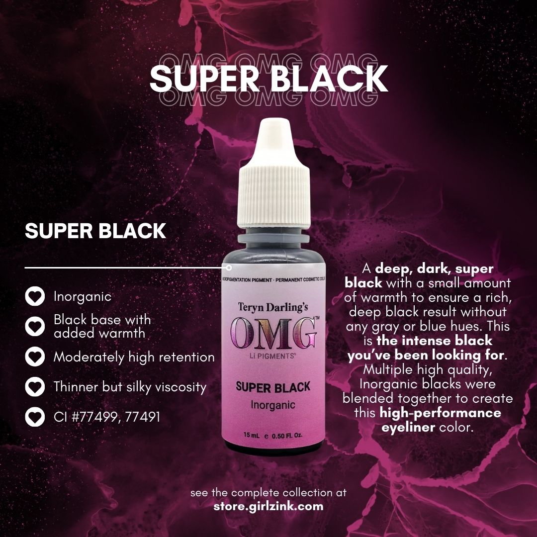 Super Black OMG Eyeliner Pigment – rich inorganic formula with added warmth for deep, intense black results.