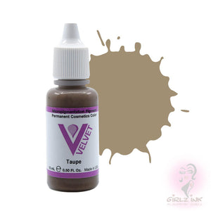 Velvet Taupe pigment bottle, ideal for soft blonde or gray-toned brows—available at Girlz Ink.

