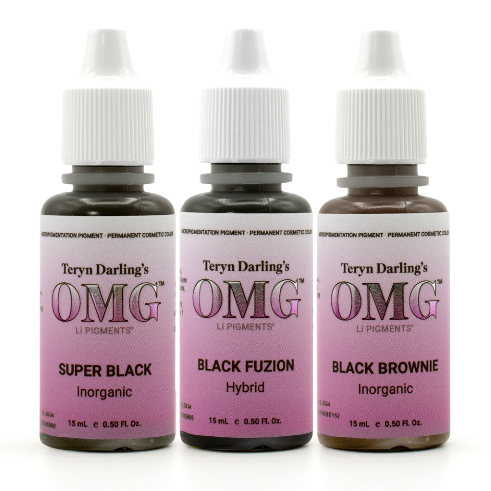 Three bottles of Teryn Darling’s OMG Li Pigments – Super Black, Black Fuzion, and Black Brownie. Professional PMU eyeliner pigments for bold, long-lasting results.