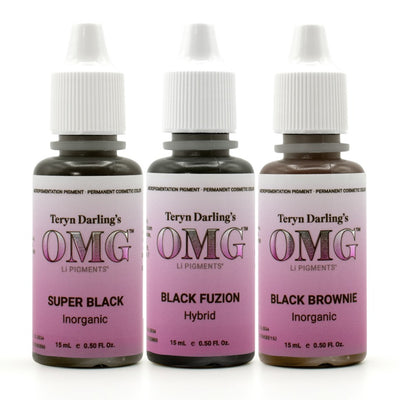 Three bottles of Teryn Darling’s OMG Li Pigments – Super Black, Black Fuzion, and Black Brownie. Professional PMU eyeliner pigments for bold, long-lasting results.