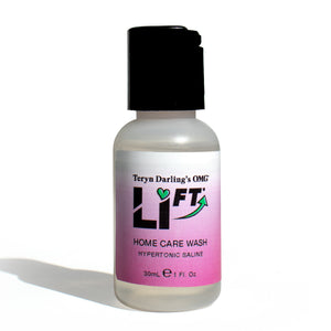 Teryn Darling’s OMG Li-FT Home Care Wash Hypertonic Saline 30mL bottle for PMU and tattoo removal aftercare, displayed on a white background.