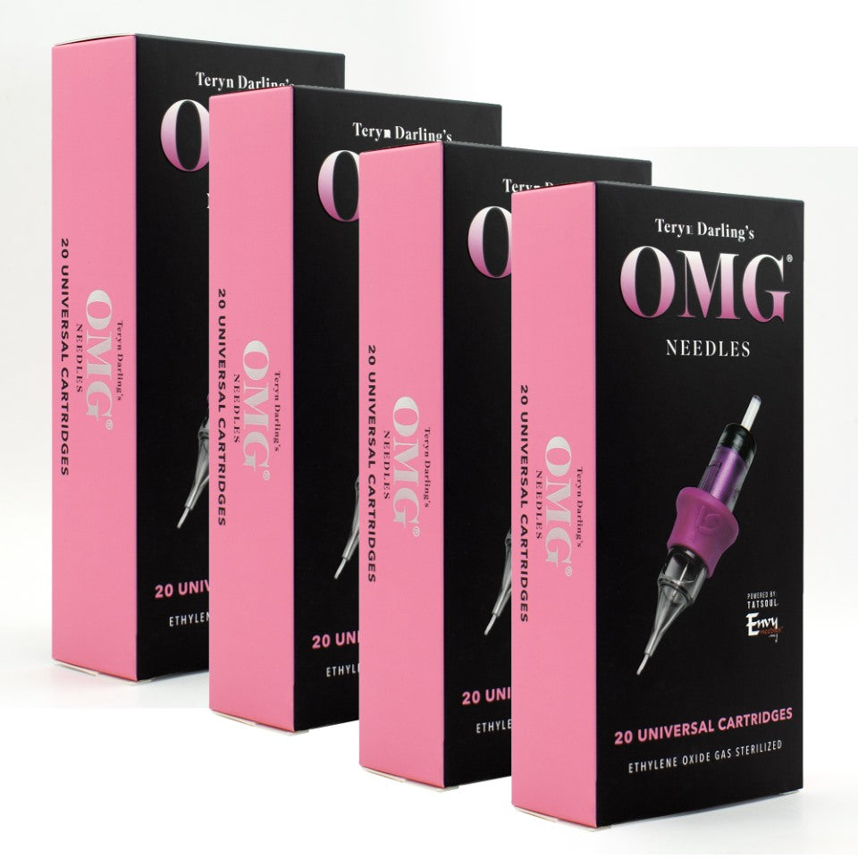 Teryn Darling’s OMG Needles for PMU and tattoo machines, featuring 20 universal cartridges per box in pink and black packaging, displayed in a lineup.