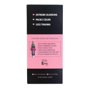 Back of Teryn Darling’s OMG Needles box showing PMU cartridge features including extreme blending, color packing, and less trauma, with pink and black packaging design.