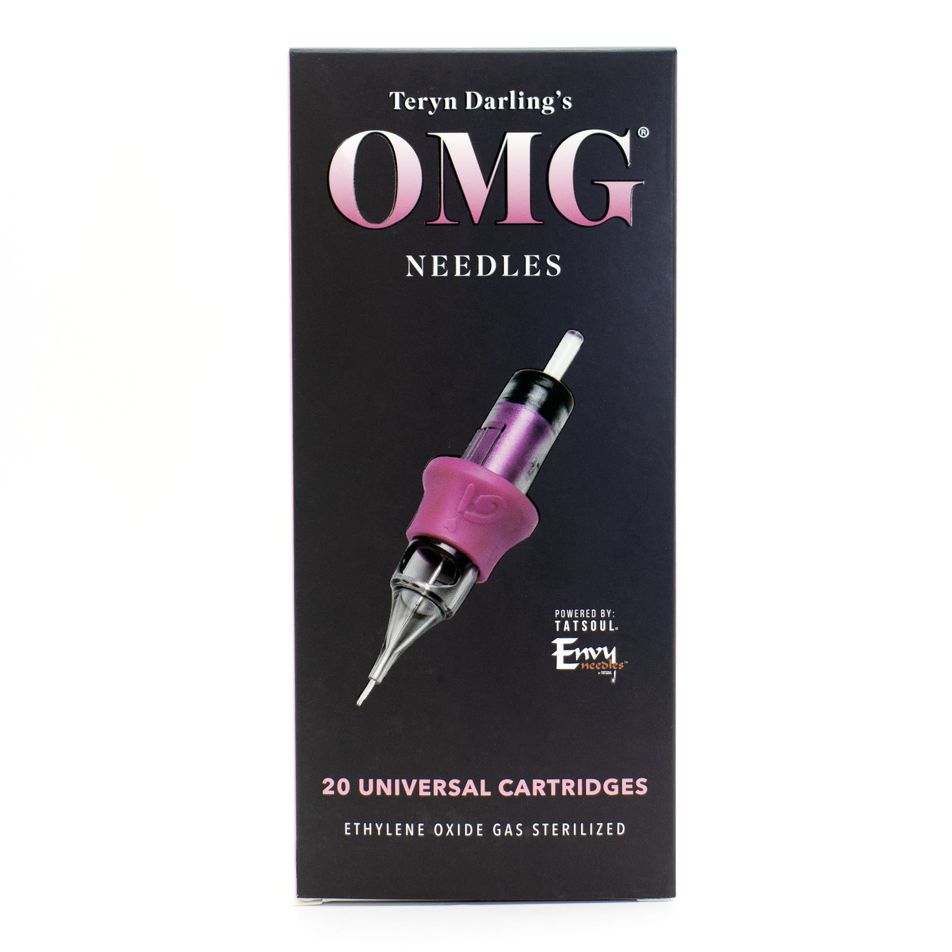 Box of Teryn Darling’s OMG Needles featuring 20 universal PMU and tattoo cartridges, packaged in black and pink with a purple needle design.