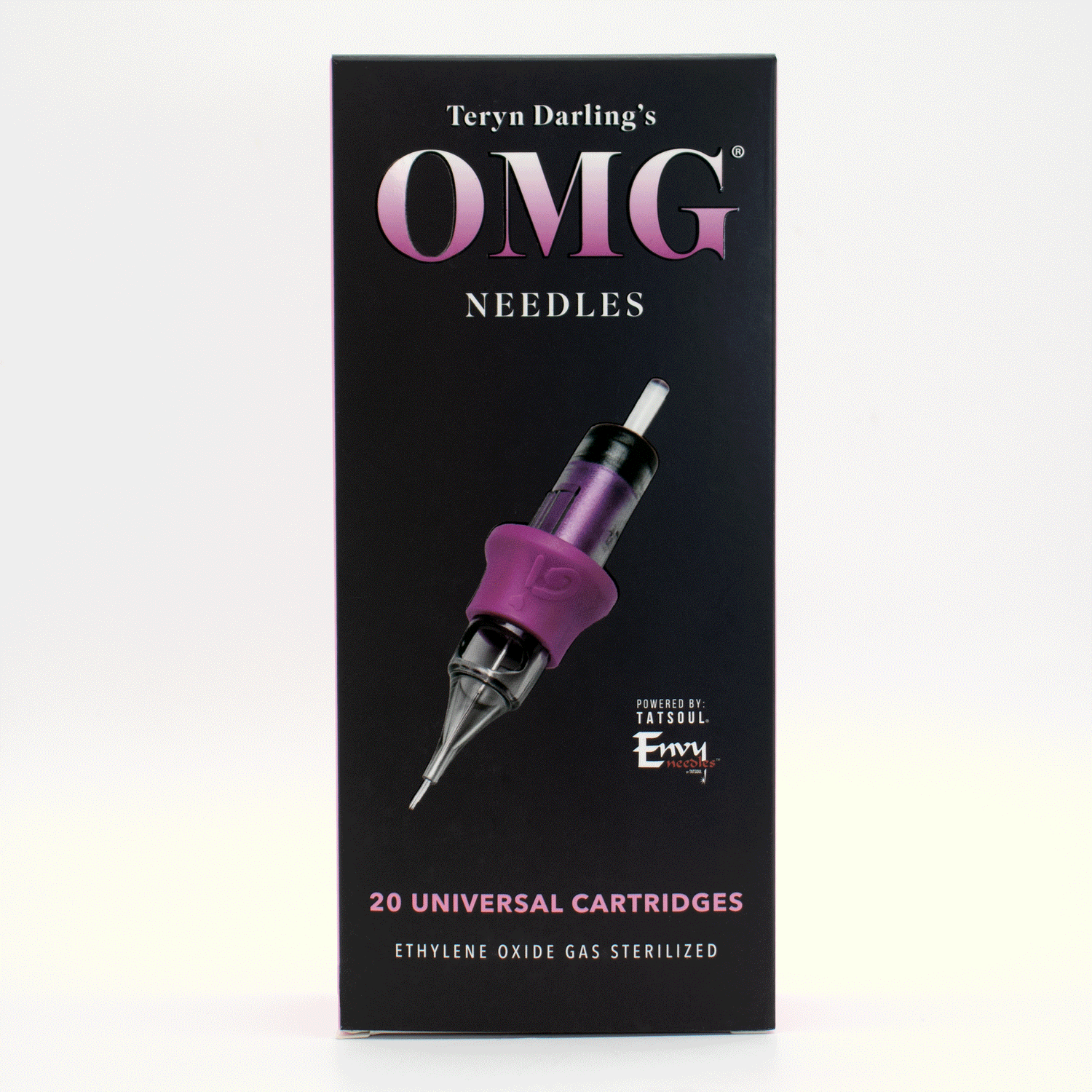 Side view of Teryn Darling’s OMG Needles packaging showing sterilization details and manufacturer information for PMU cartridges by Girlz Ink.
