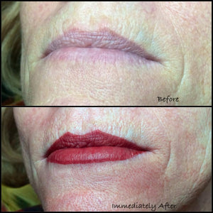 Healed lip blush result using a blend of 80% Toasted Coral and 20% Fine Wine by artist Jenean Rawson, showing rich, balanced red-orange tones.