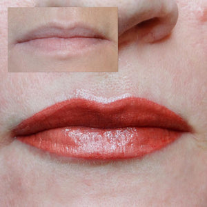 Before and immediately after photos of lip tattoo procedure using Toasted Coral by Miriam Richardson, delivering a bold, warm-toned result.