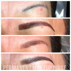 Before and after brow color correction using Aqua UN-Grey pigment on previously gray-blue eyebrows by Tara Thomason.