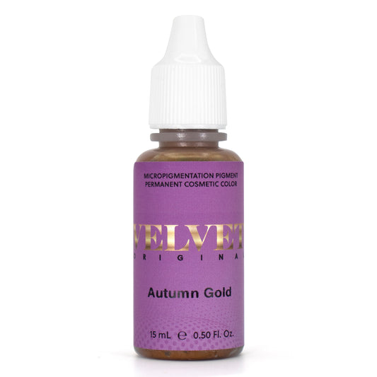 Velvet pigment bottle in Autumn Gold, a warm shade ideal for blondes and redheads.