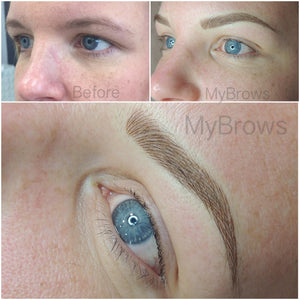 Healed brow result using Velvet Autumn Gold by Monica Ivani on light skin tone with blue eyes.