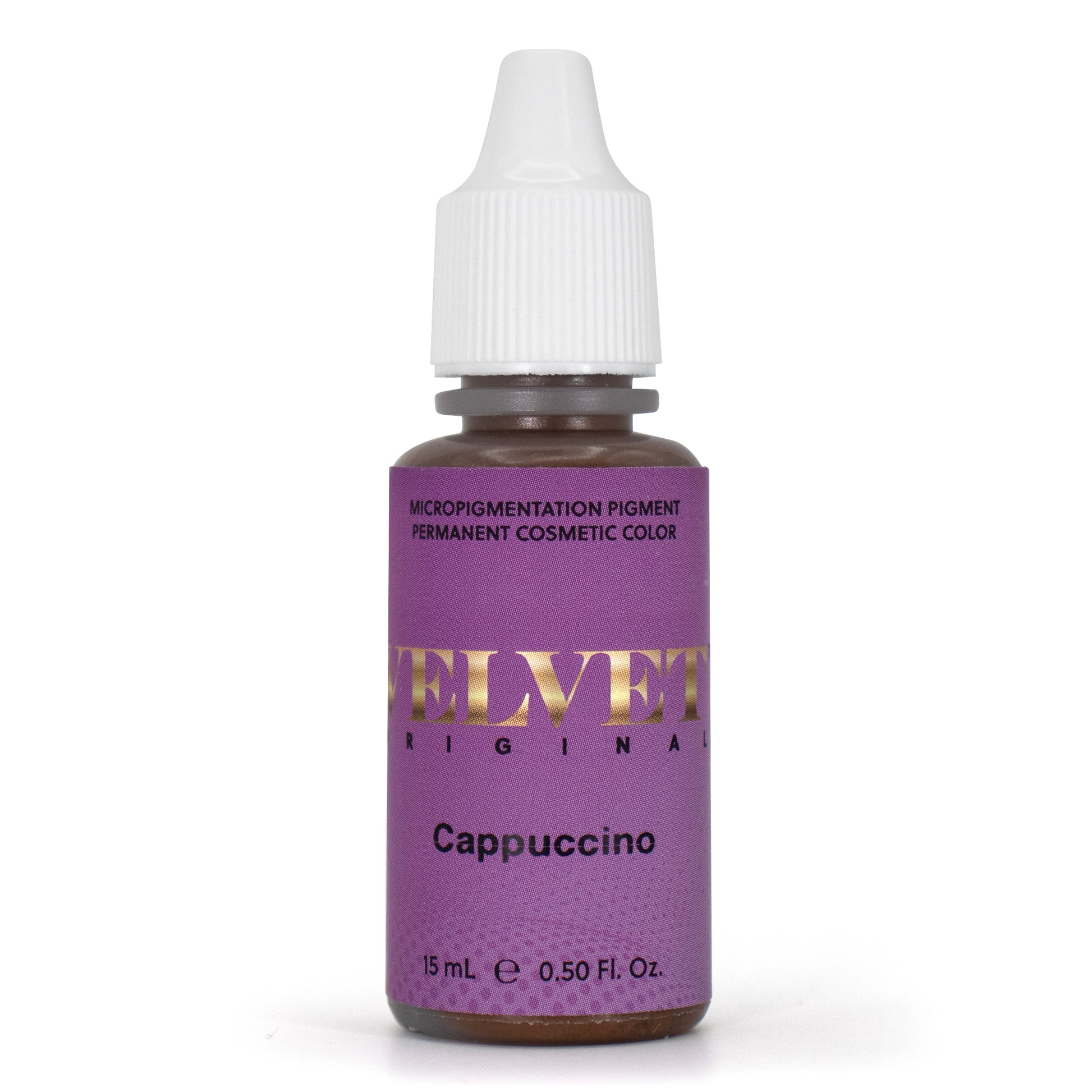 Velvet pigment bottle in Cappuccino, a rich medium brown shade for brows.