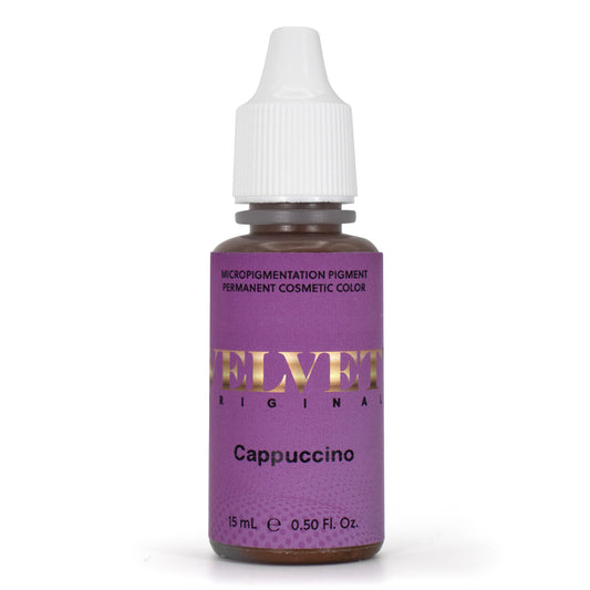Velvet pigment bottle in Cappuccino, a rich medium brown shade for brows.