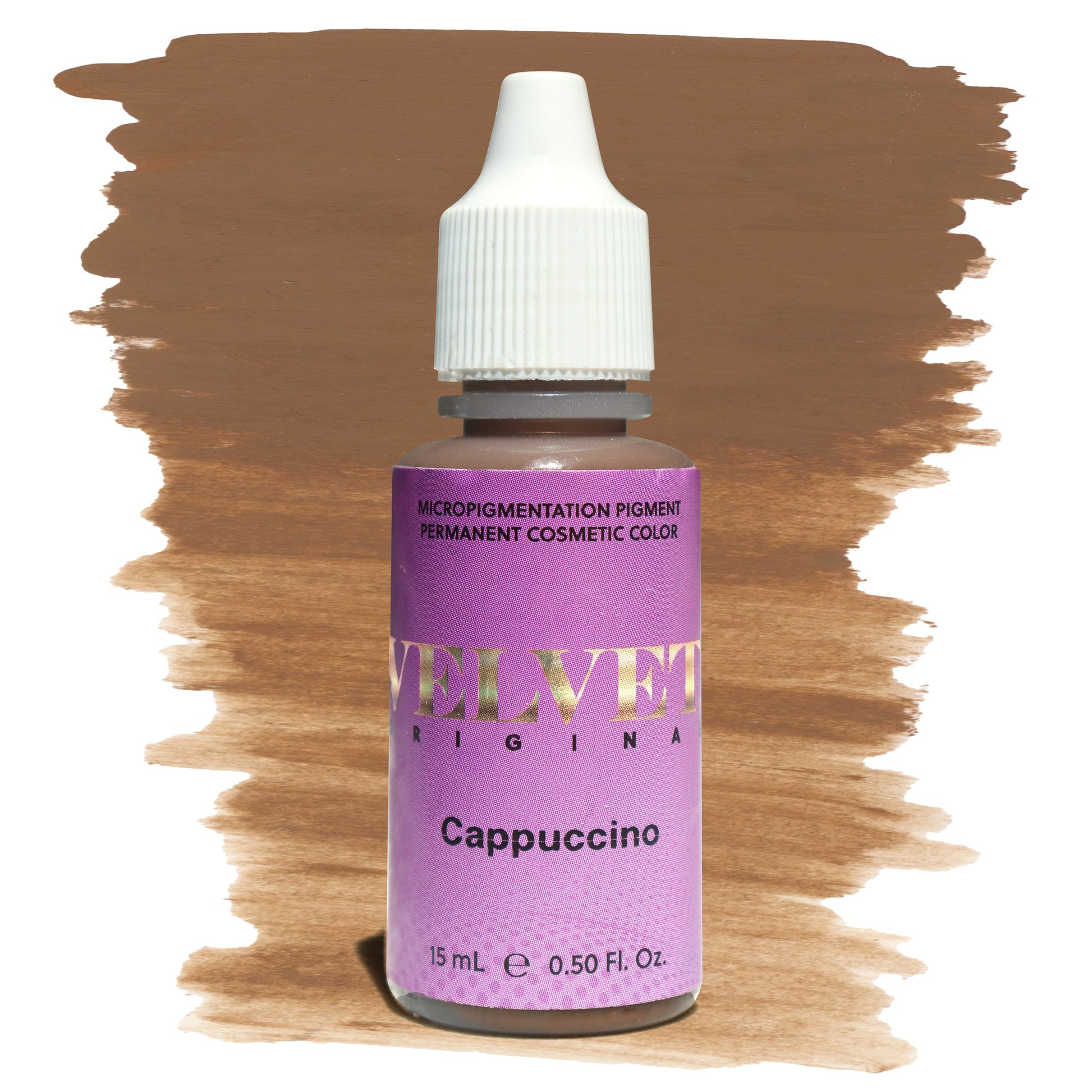 Velvet Cappuccino PMU brow pigment in a soft neutral brown shade from the Velvet Series, perfect for creating natural healed brows on light to medium skin tones.
