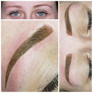 Healed PMU brows using Velvet Cappuccino by Amy Packer on light to medium skin tone.