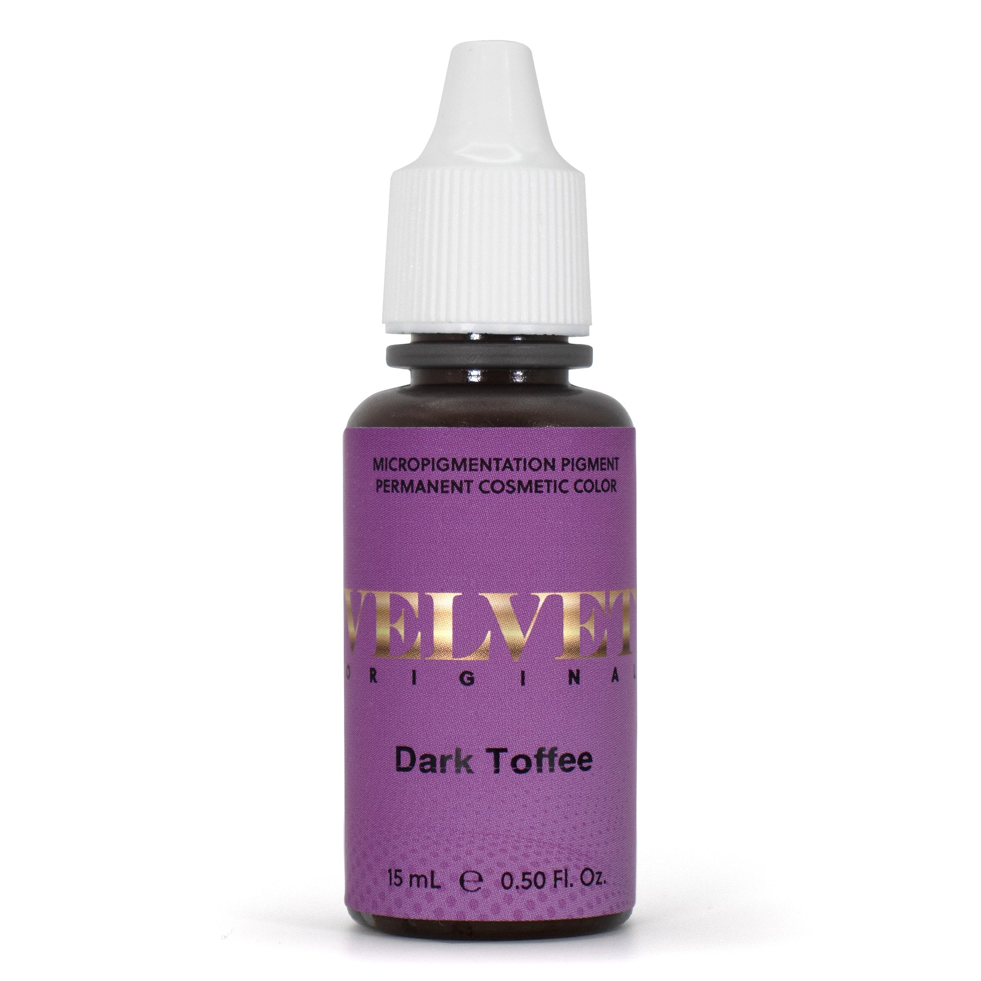 Velvet Dark Toffee micropigmentation pigment bottle for eyebrow tattooing and permanent makeup.