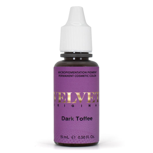 Velvet Dark Toffee micropigmentation pigment bottle for eyebrow tattooing and permanent makeup.