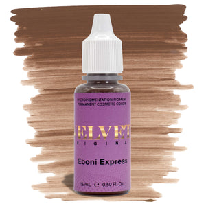 Velvet Eboni Express PMU brow pigment in a deep cool brown tone from the Velvet Series, ideal for saturated dark brows on Fitzpatrick 5–6 or for depth enhancement in brow mixes.