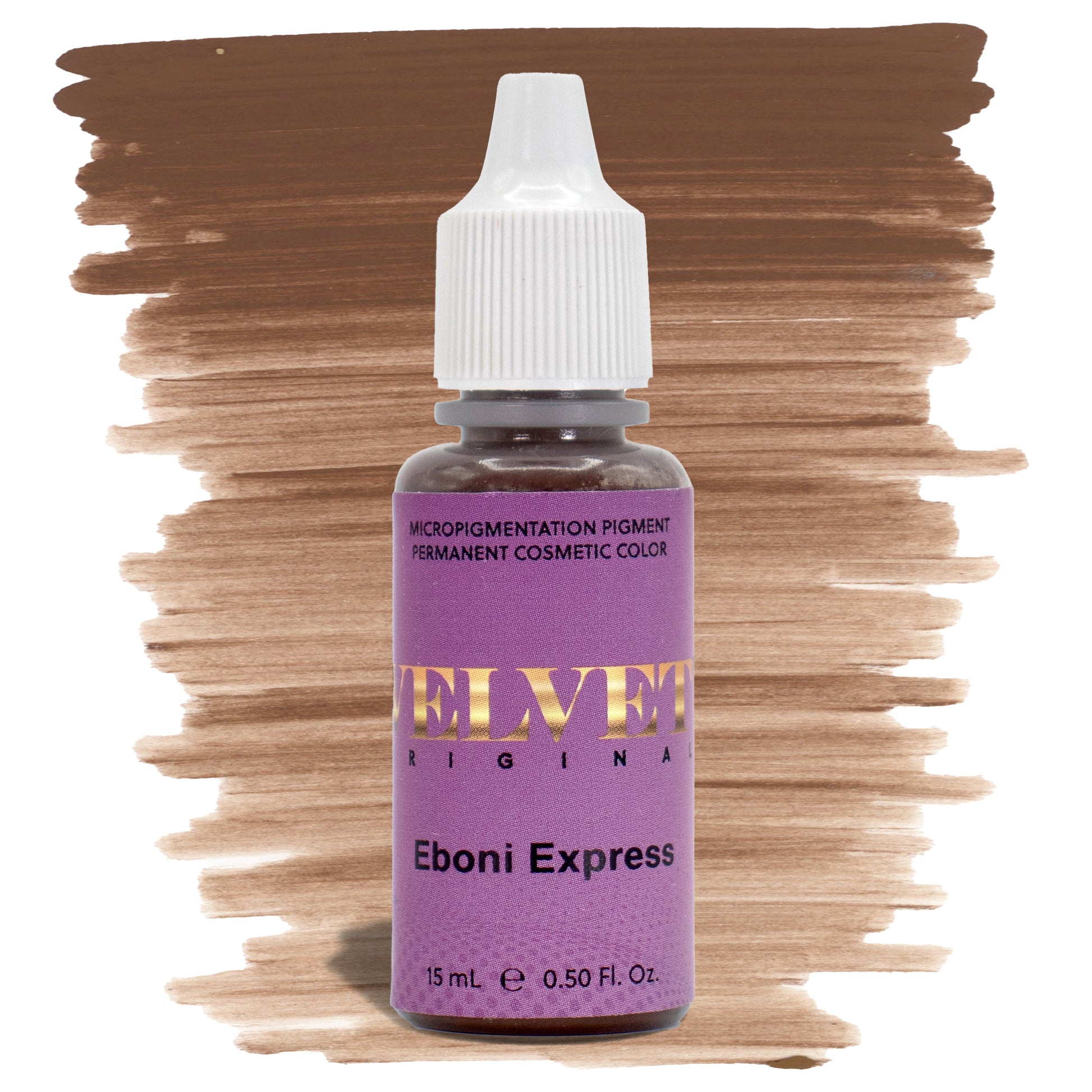 Velvet Eboni Express PMU brow pigment in a deep cool brown tone from the Velvet Series, ideal for saturated dark brows on Fitzpatrick 5–6 or for depth enhancement in brow mixes.