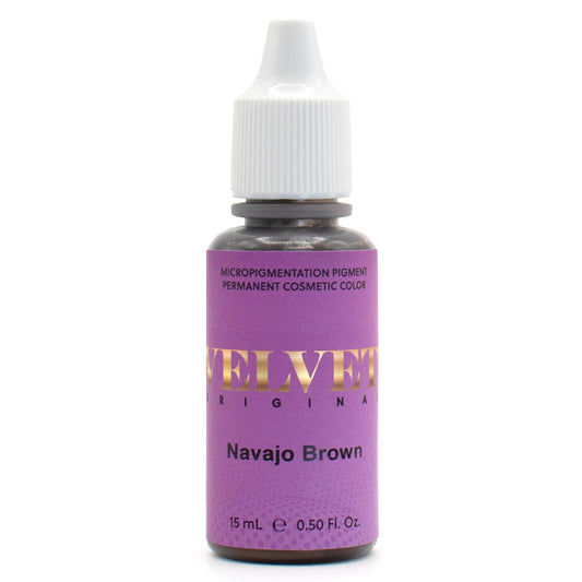 Velvet Navajo Brown pigment bottle for PMU procedures, ideal for medium-to-dark brunette clients seeking neutral brown results.