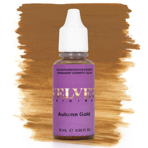 Bottle of Velvet Original Autumn Gold micropigmentation pigment with a golden brown brushstroke swatch on a white background, ideal for warm-toned brow procedures.