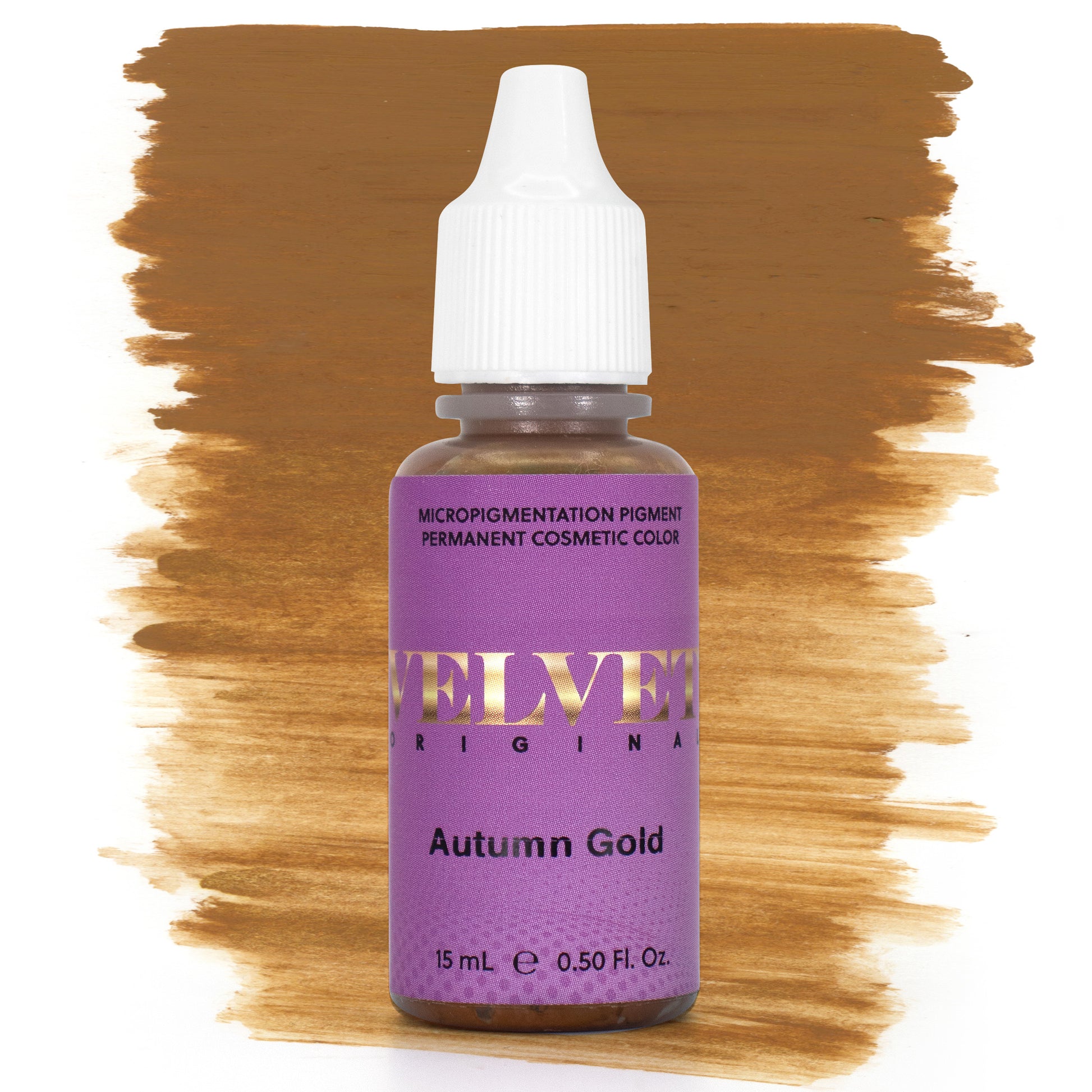 Bottle of Velvet Original Autumn Gold micropigmentation pigment with a golden brown brushstroke swatch on a white background, ideal for warm-toned brow procedures.