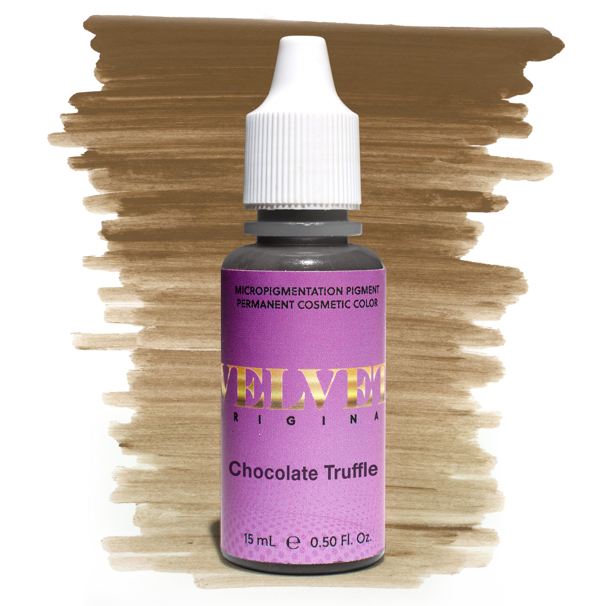 Bottle of Velvet Original Chocolate Truffle micropigmentation pigment with a dark brown brushstroke swatch on a white background, ideal for medium to dark brown permanent makeup brows.

Recommended file name: