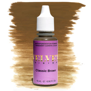 Bottle of Velvet Original Classic Brown micropigmentation pigment with a medium brown brushstroke swatch on a white background, ideal for natural-looking permanent makeup brows.