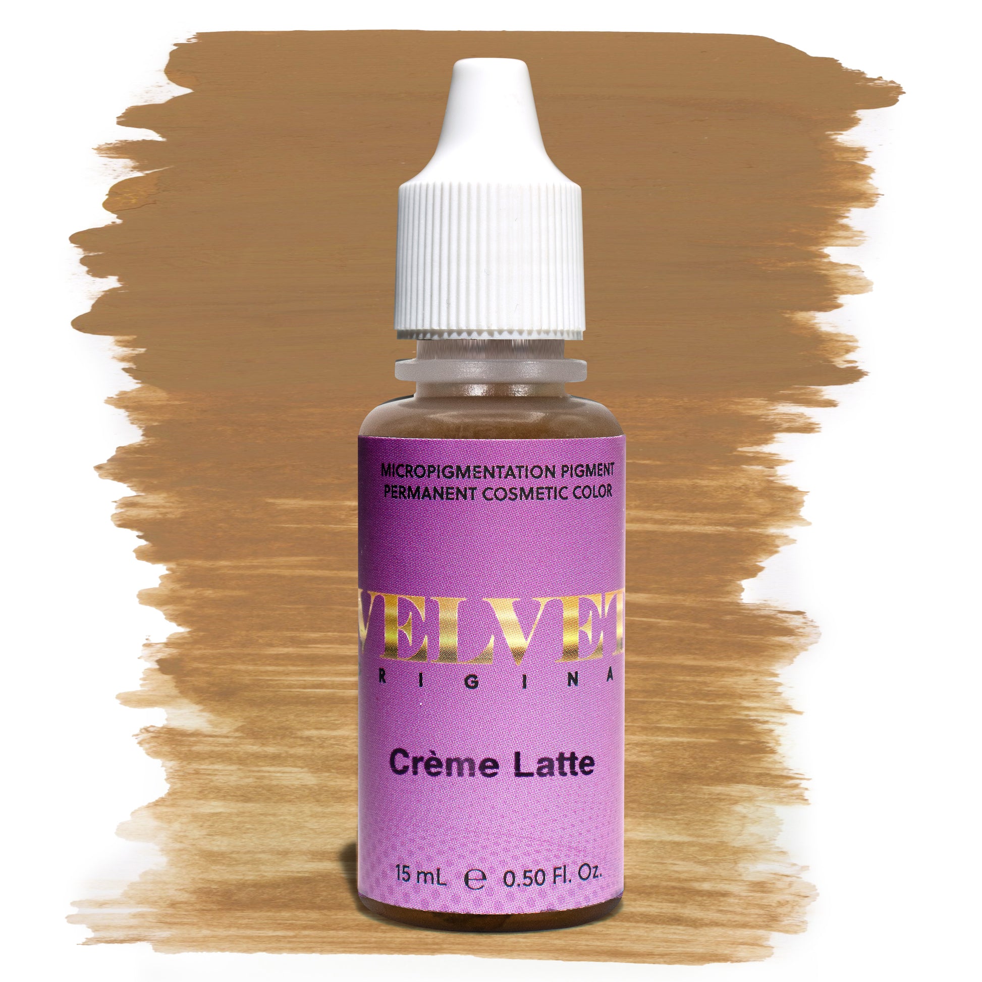 Bottle of Velvet Original Crème Latte micropigmentation pigment with a warm tan brushstroke swatch on a white background, perfect for soft blonde or light brown permanent makeup brows.