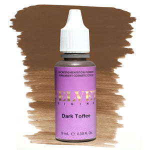 Bottle of Velvet Original Dark Toffee micropigmentation pigment with a deep neutral brown brushstroke swatch on a white background, ideal for rich brunette and dark blonde permanent makeup brows.