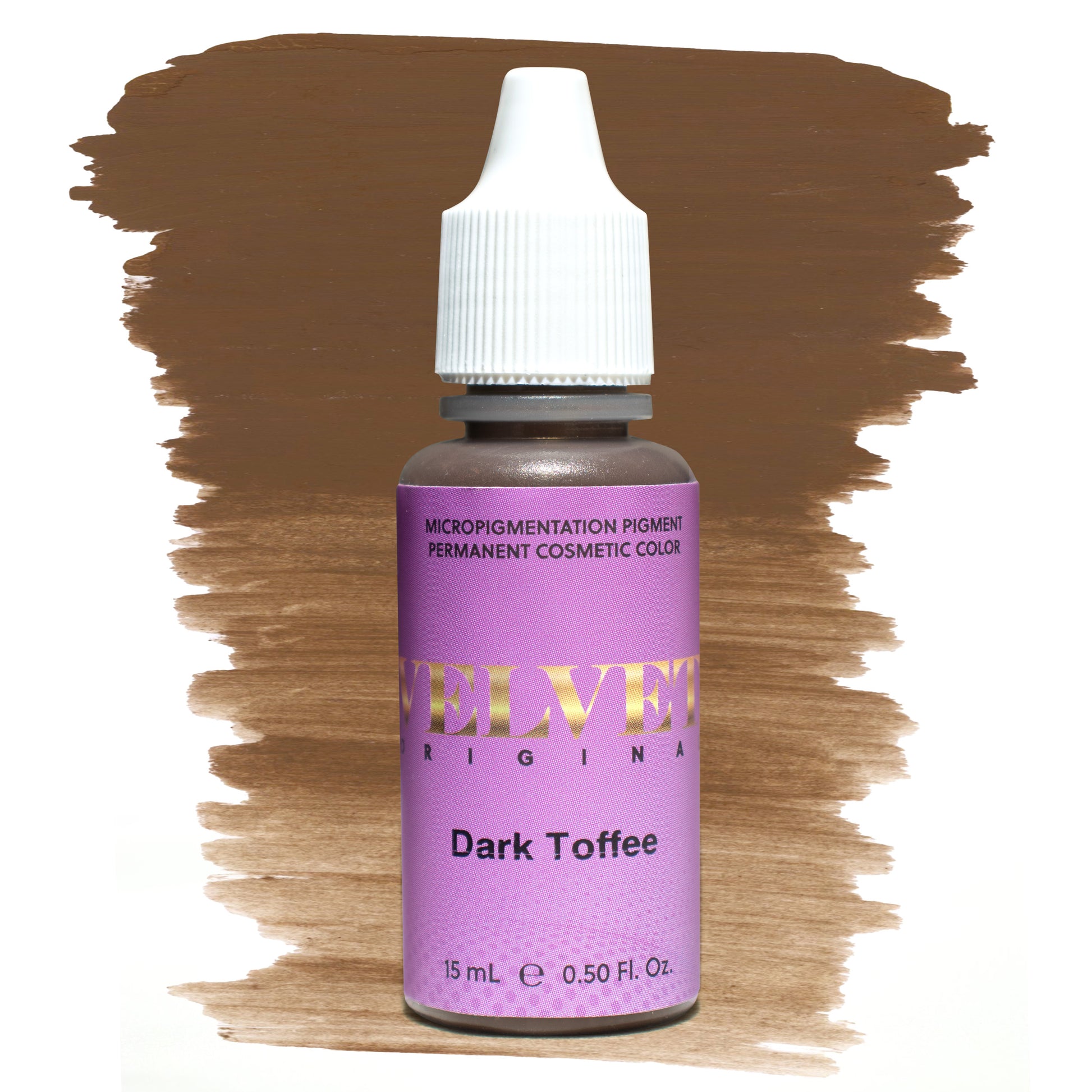 Bottle of Velvet Original Dark Toffee micropigmentation pigment with a deep neutral brown brushstroke swatch on a white background, ideal for rich brunette and dark blonde permanent makeup brows.