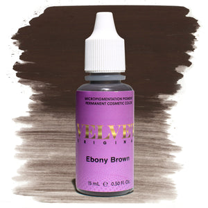 Bottle of Velvet Original Ebony Brown micropigmentation pigment with a deep, rich brown color swatch on a white background, ideal for defining bold, dark brows in permanent makeup.