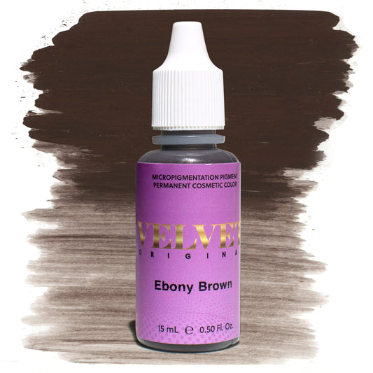 Bottle of Velvet Original Ebony Brown micropigmentation pigment with a deep, rich brown color swatch on a white background, ideal for defining bold, dark brows in permanent makeup.