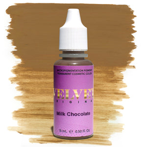 Bottle of Velvet Original Milk Chocolate micropigmentation pigment with a golden brown brushstroke swatch on a white background, used for PMU and cosmetic tattooing.