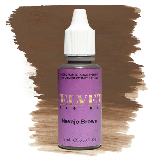 Bottle of Velvet Original Navajo Brown micropigmentation pigment with a soft neutral brown brushstroke swatch on a white background, perfect for balanced medium brown permanent makeup brows.