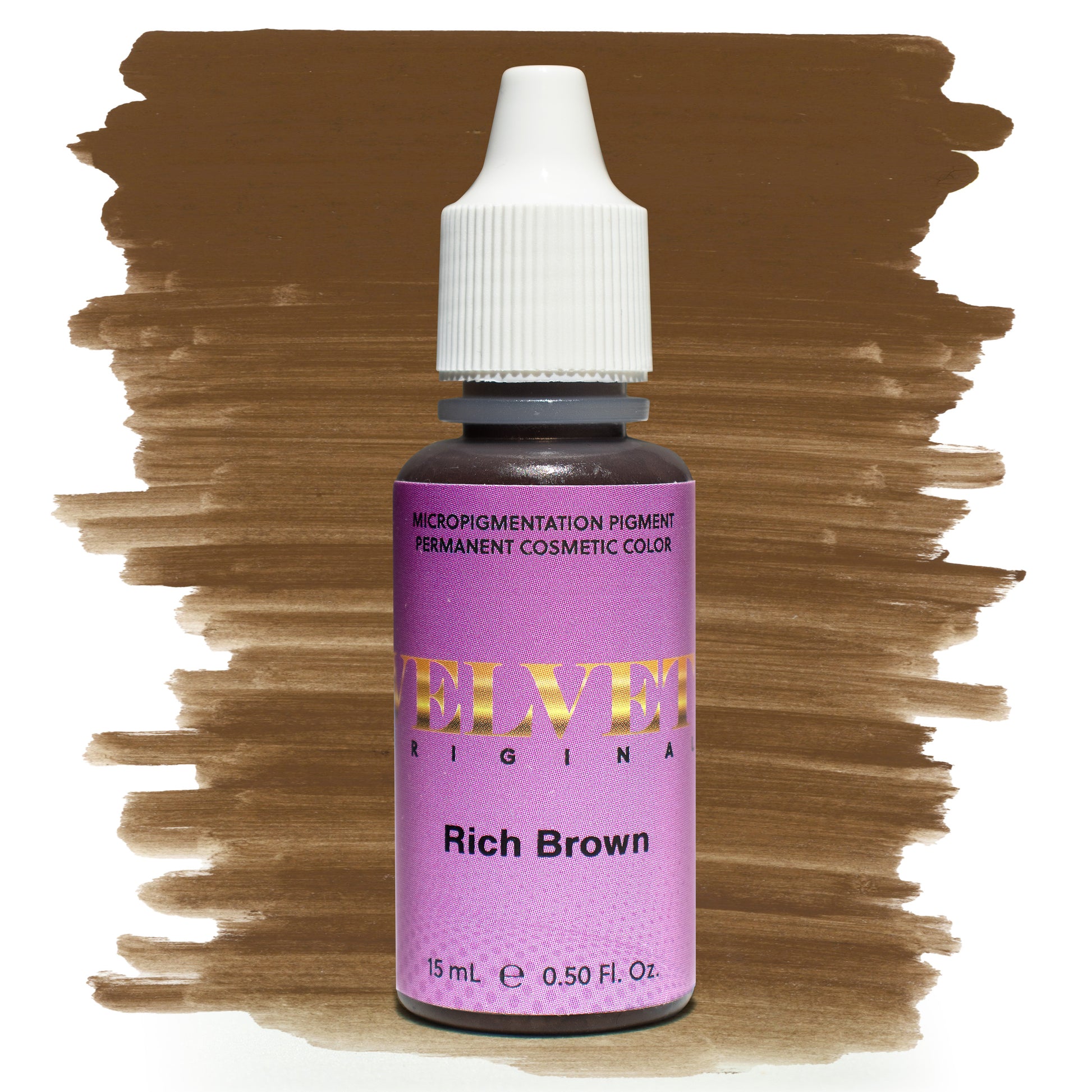 Bottle of Velvet Original Rich Brown microblading pigment with a warm medium brown color swatch on a white background, ideal for natural brow shading and permanent makeup.