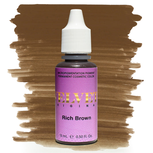 Bottle of Velvet Original Rich Brown microblading pigment with a warm medium brown color swatch on a white background, ideal for natural brow shading and permanent makeup.