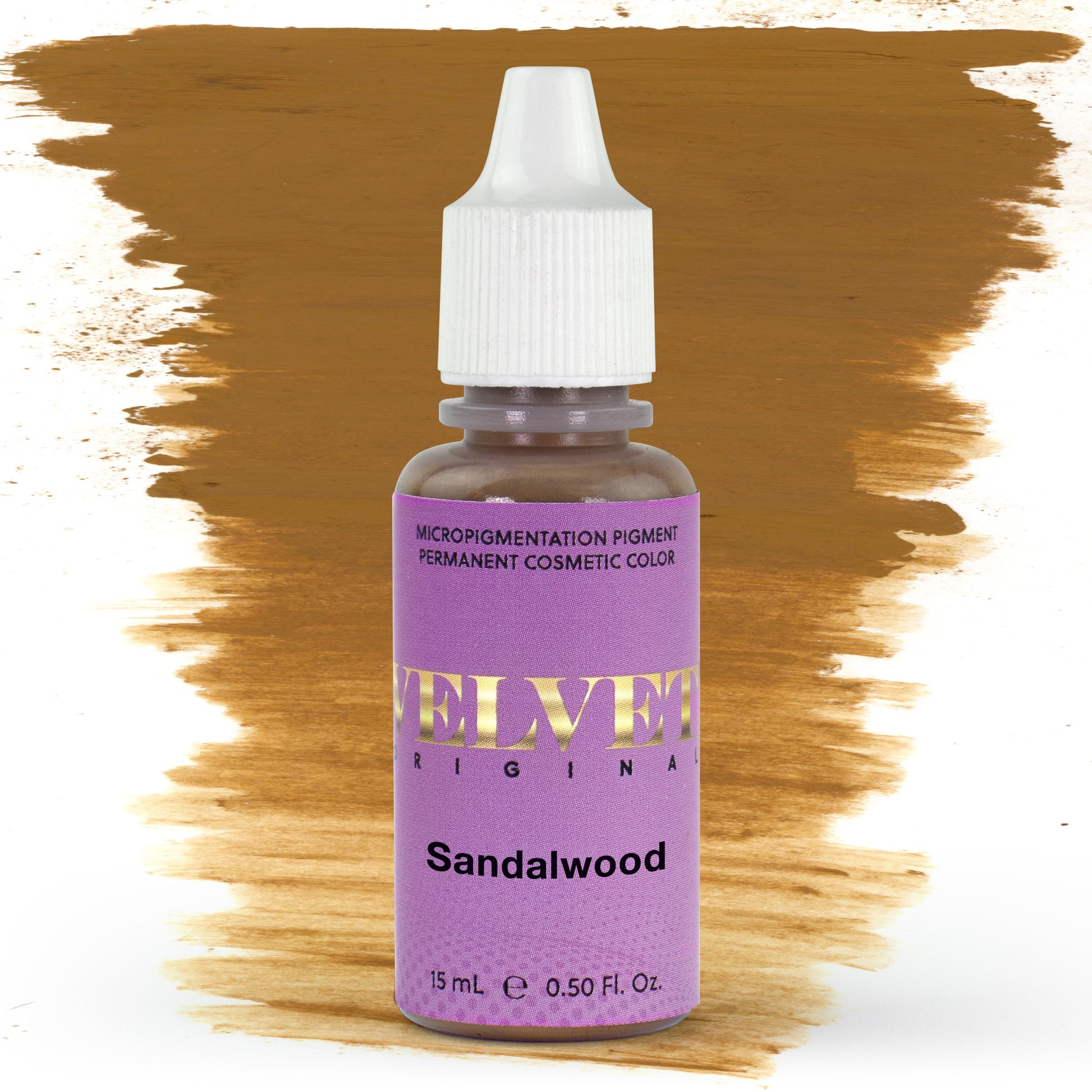 Bottle of Velvet Original Sandalwood micropigmentation pigment with a golden-brown brushstroke swatch on a white background, ideal for natural medium brown permanent makeup brows.