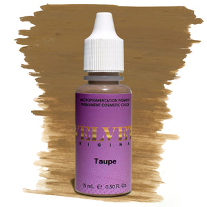 Bottle of Velvet Original Taupe micropigmentation pigment with a soft, cool brown color swatch on a white background, ideal for creating natural, ash-toned brows in permanent makeup.