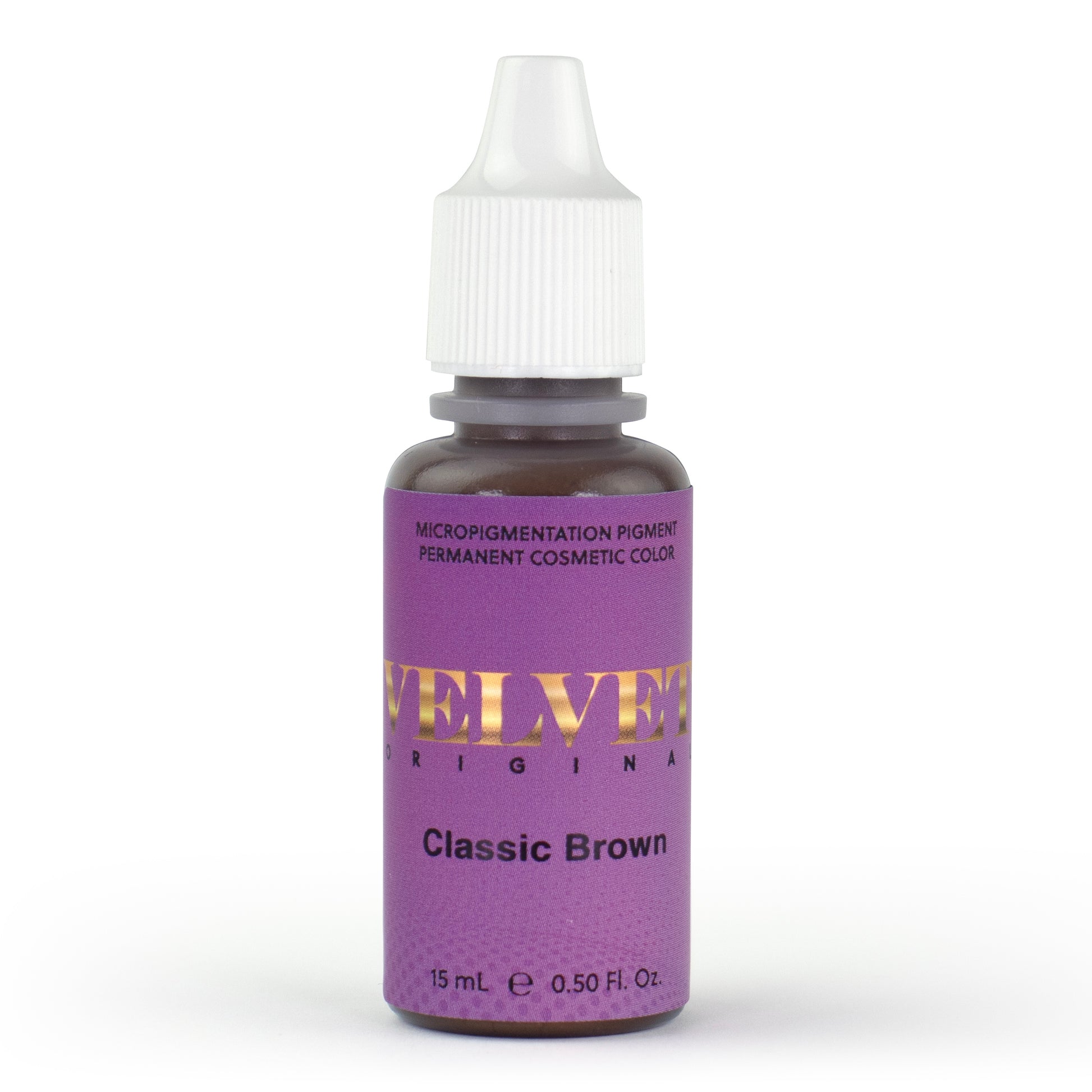 Velvet Classic Brown pigment bottle, perfect for light to medium brown eyebrow tattoos.